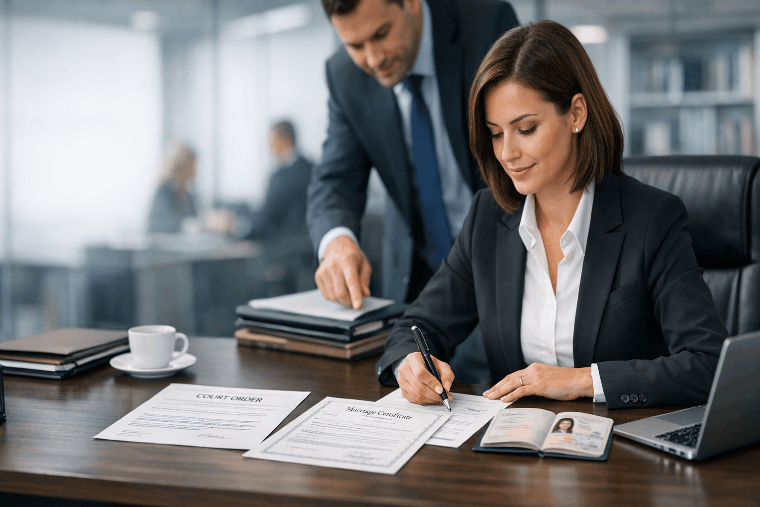 Certified name change certificate with apostille attached on official documents desk