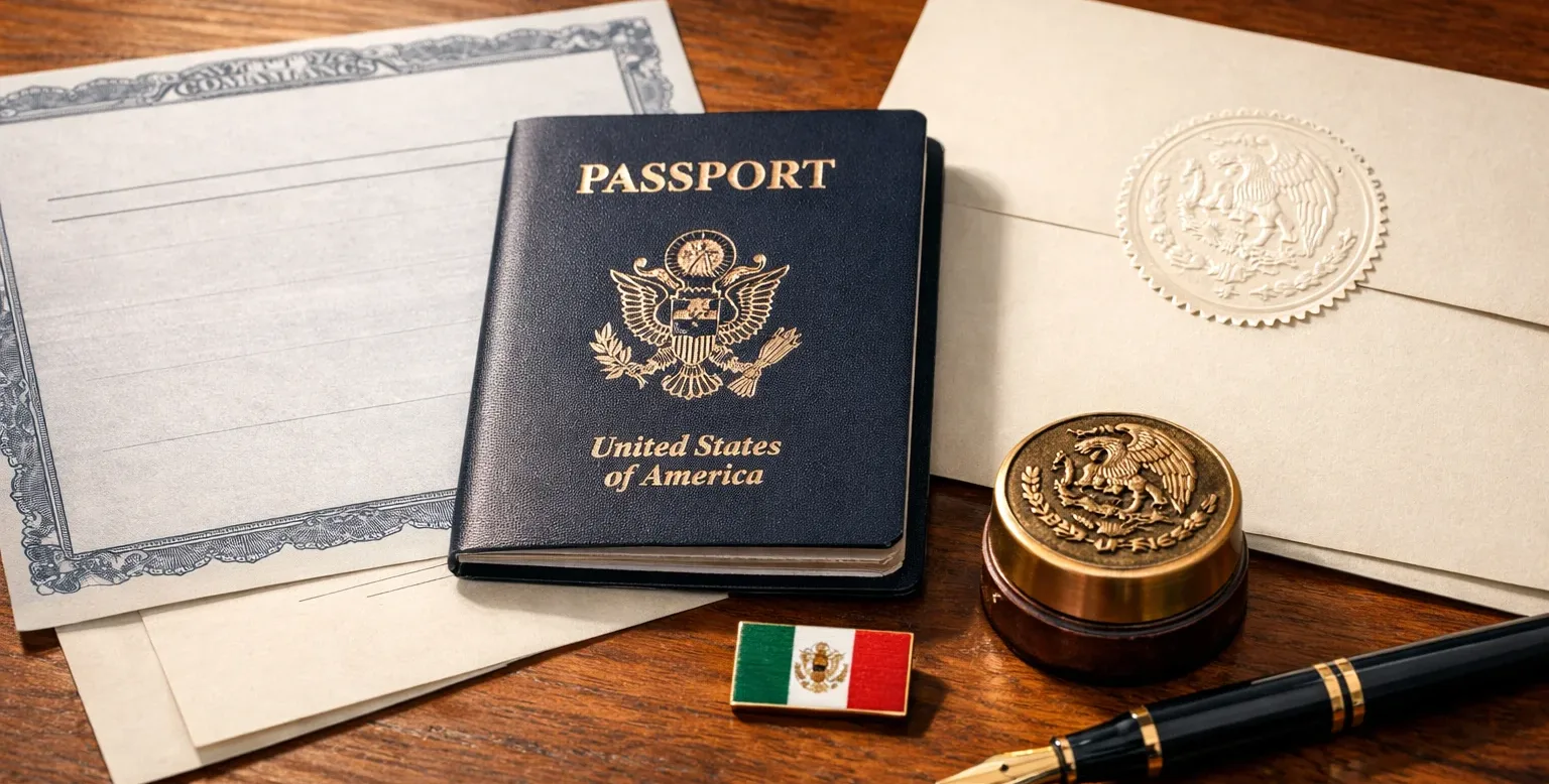 U.S. documents and passport prepared for apostille process related to Mexico dual citizenship