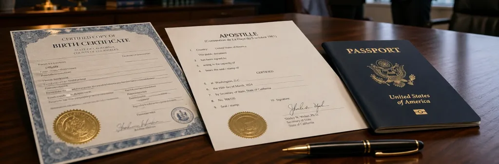 Certified North Carolina birth certificate, apostille document, passport, and pen on a wooden office desk with professionals in the background.