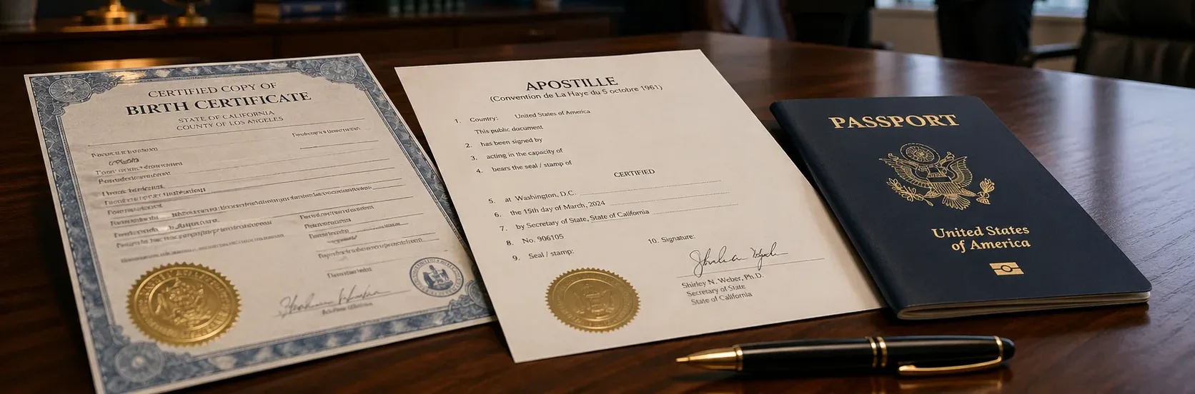 Certified North Carolina birth certificate, apostille document, passport, and pen on a wooden office desk with professionals in the background.
