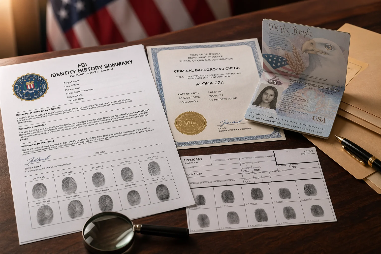 police clearance documents including FBI background check and state criminal history report laid out on a desk