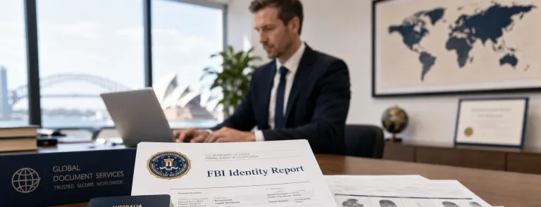 FBI identity report, passport, and fingerprint cards for Australian visa application