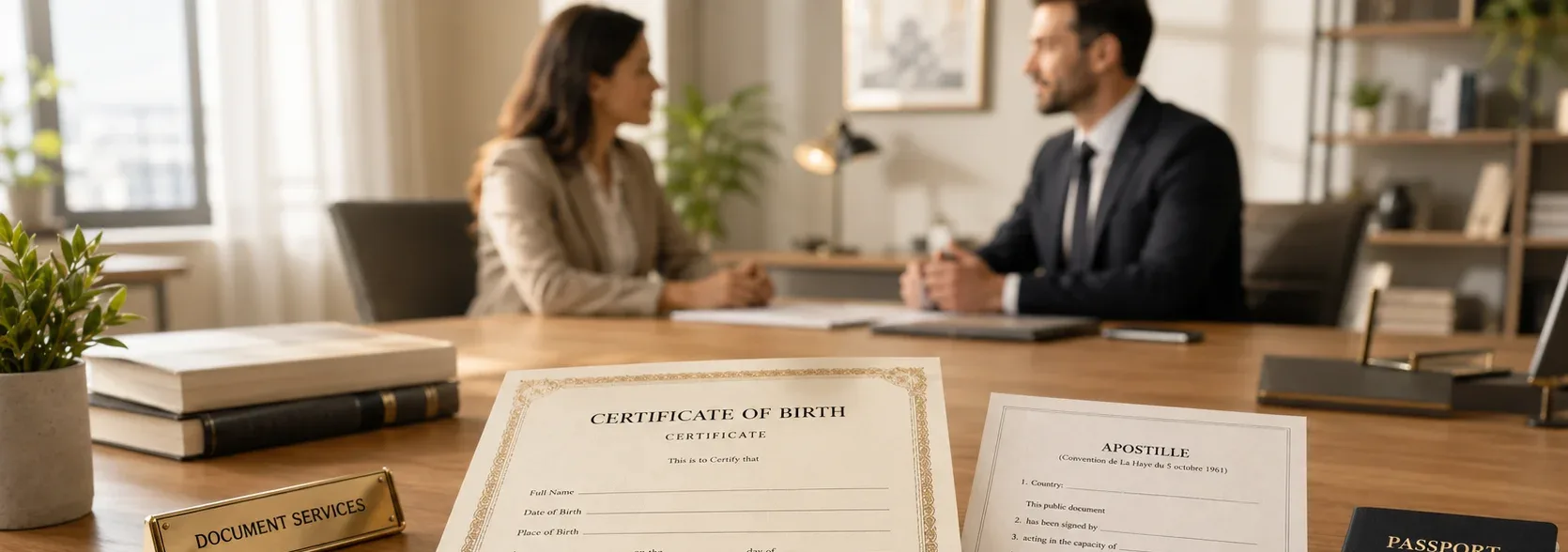 New Jersey birth certificate apostille documents with passport on an office desk