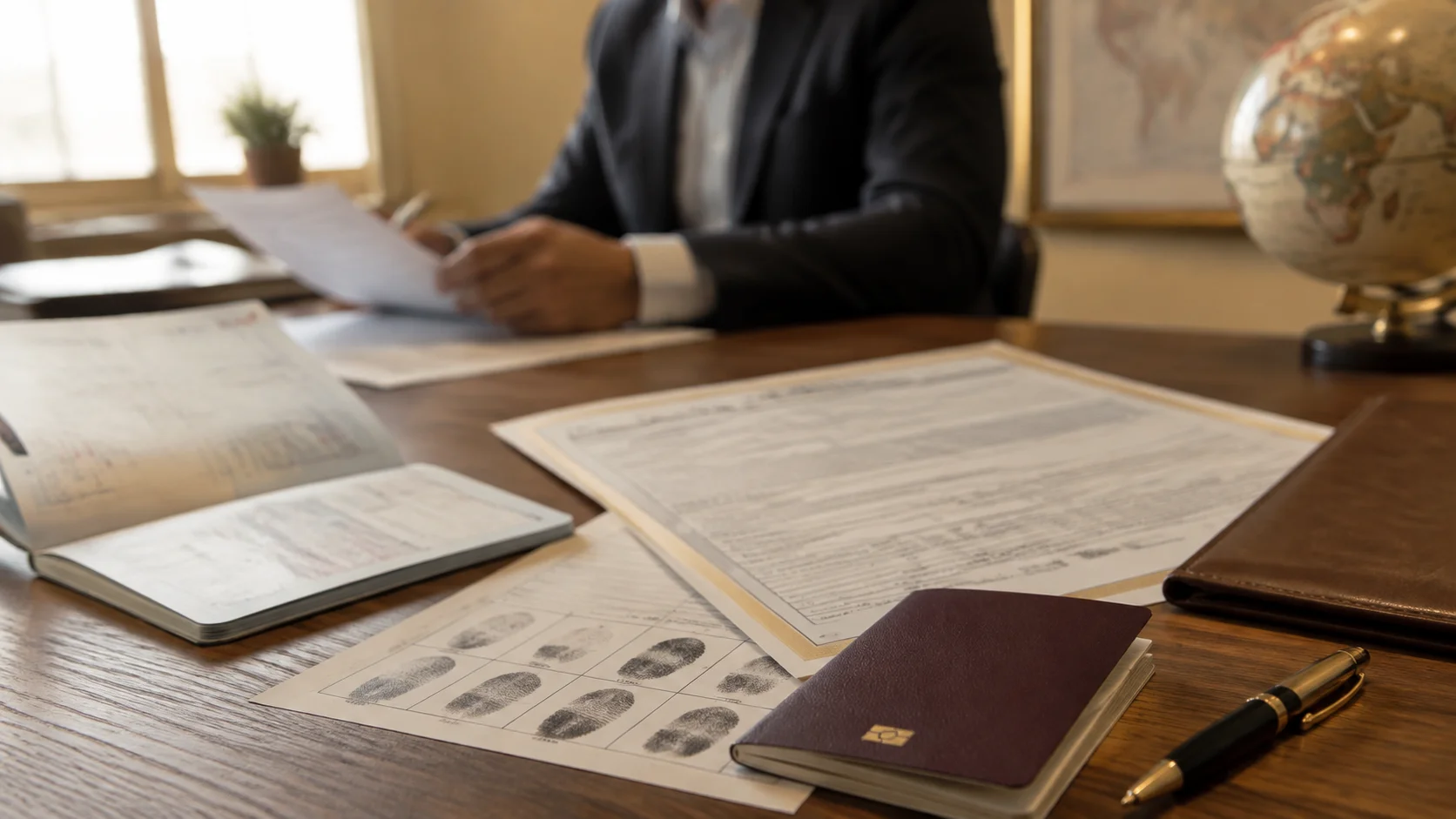 FBI background check documents and passport on desk for Colombia visa application