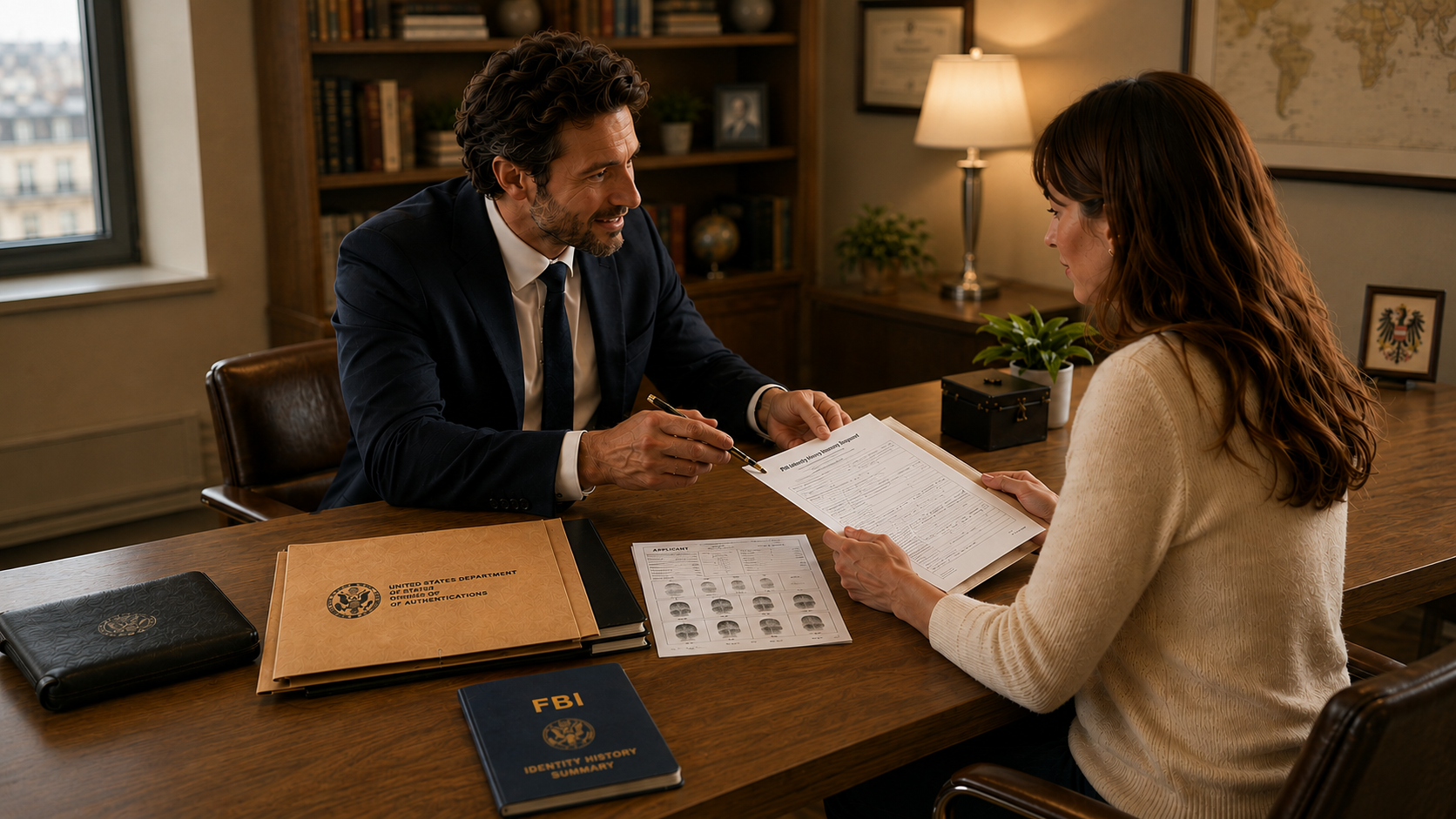 Professional consultation about an FBI background check and apostille for Austria, with fingerprint card and official documents on the desk