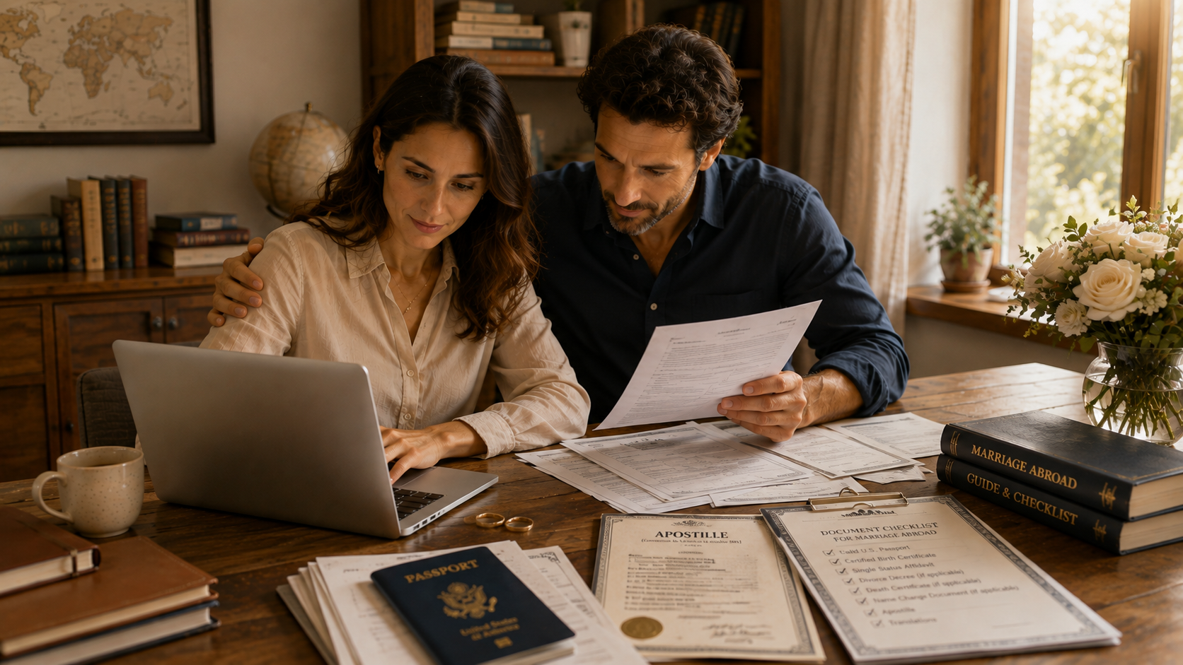 Couple reviewing marriage documents and a laptop while preparing U.S. passports, apostille paperwork, and other required documents for getting married abroad