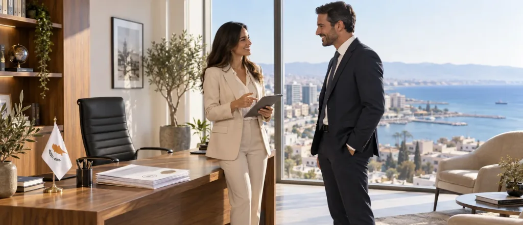 Consultant and client reviewing apostilled FBI background check documents for Cyprus relocation
