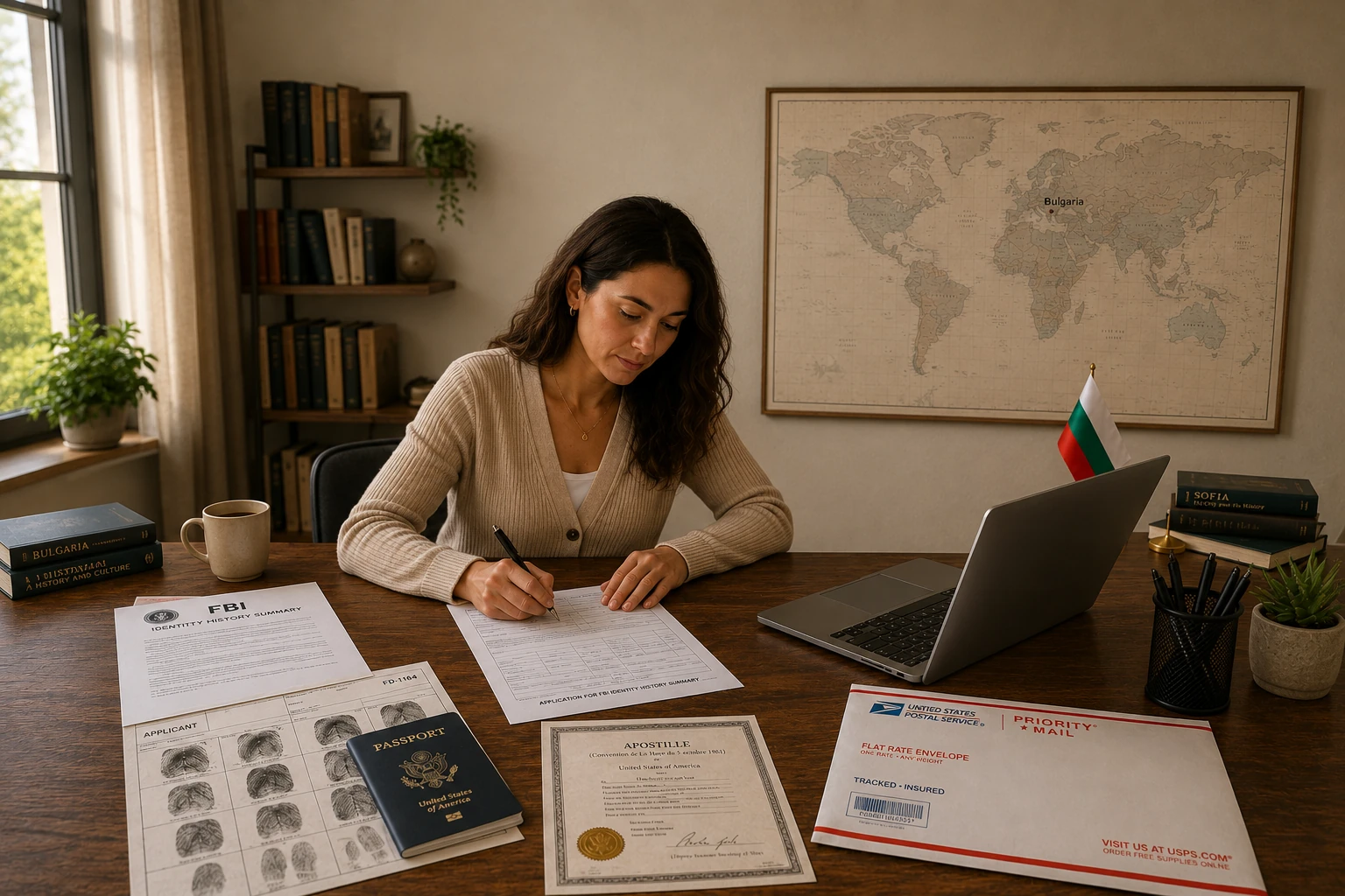 : Woman completing an FBI background check application with a laptop, fingerprint card, passport, apostille, and mailing envelope on a desk, with Bulgaria marked on a world map.
