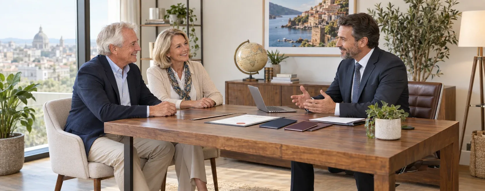 Couple and consultant reviewing apostilled documents for a retirement visa abroad