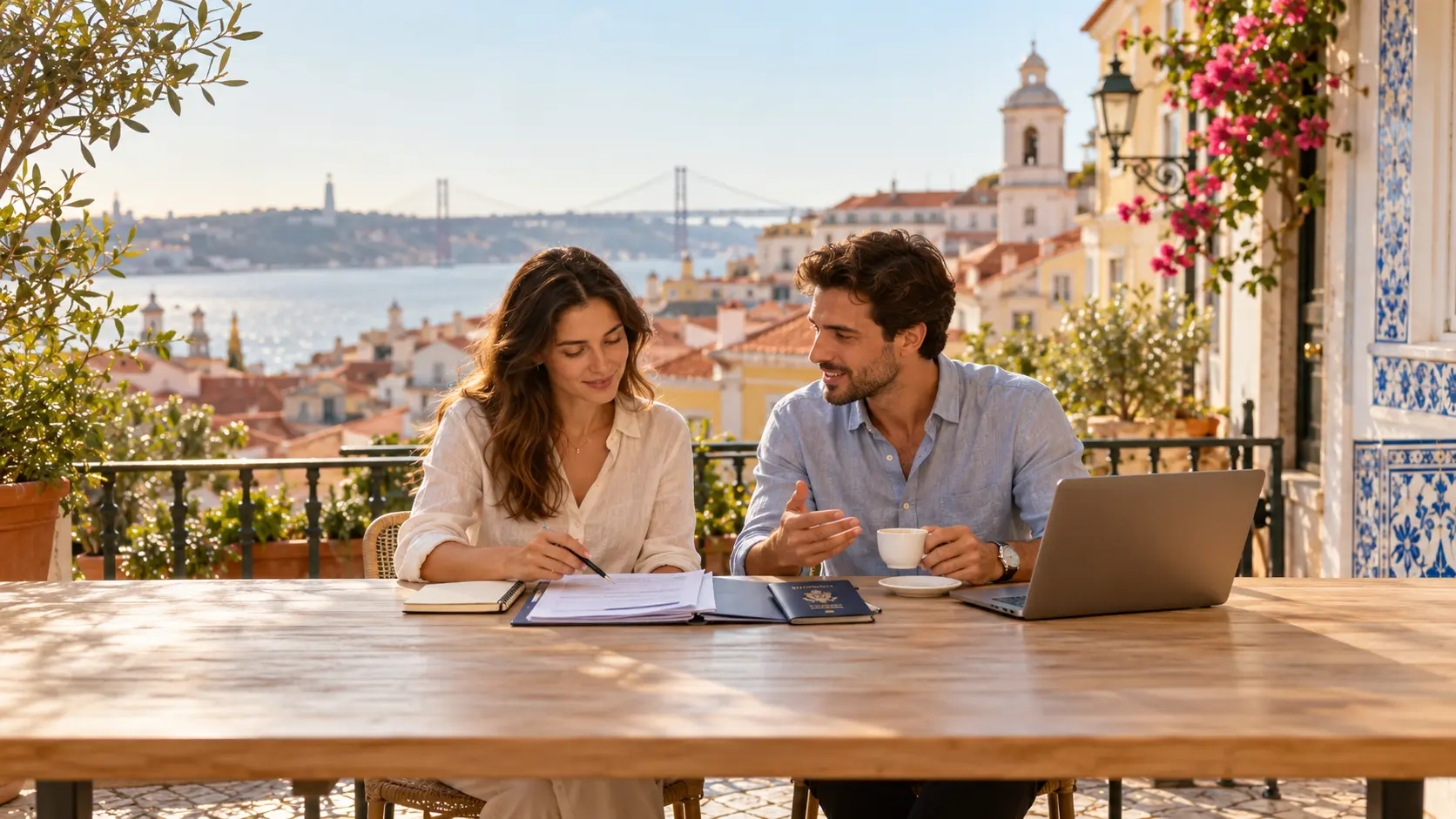 Americans reviewing documents for a Portugal D7 passive income visa