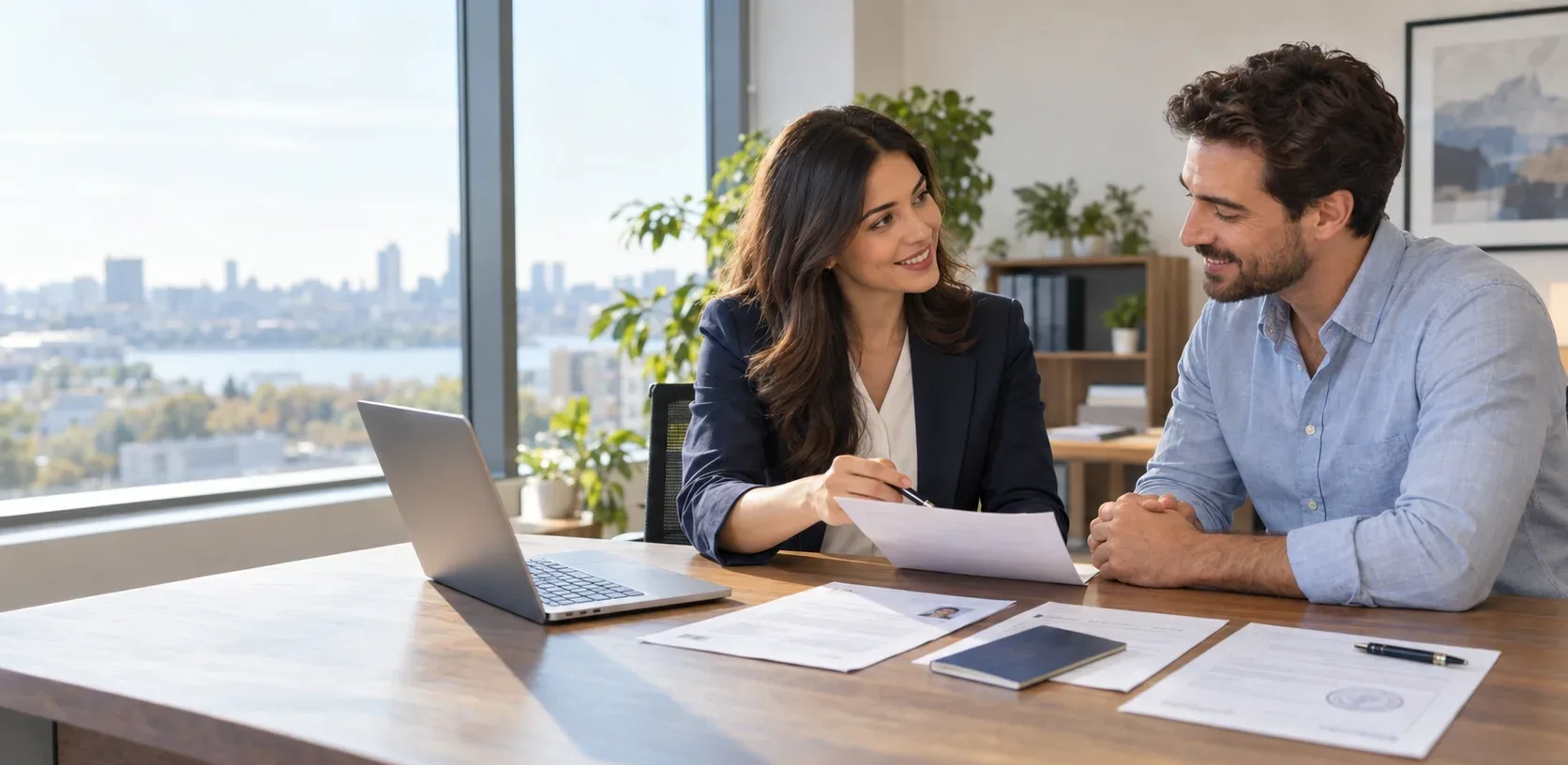 Consultant and client reviewing an FBI background check and passport on a desk for Argentina residency.