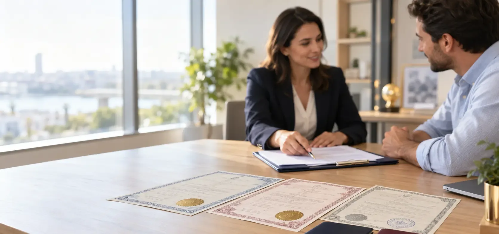 Certified U.S. vital records and two passports on a desk during a citizenship by descent consultation