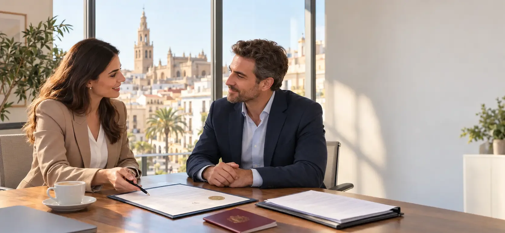 Consultant advising a client on Spain visa options with apostilled U.S. documents laid out on a desk