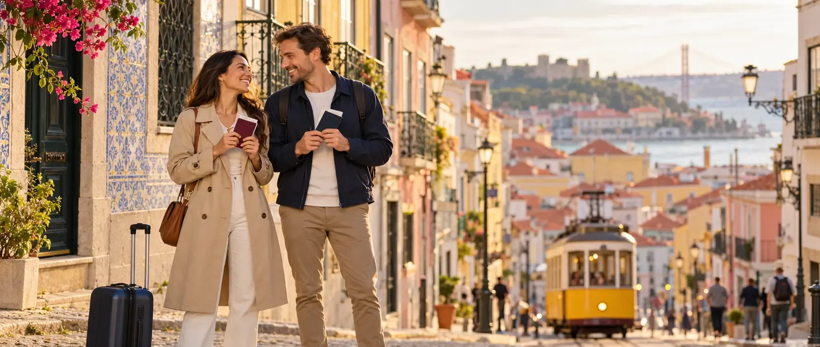 Two newcomers holding visa-stamped passports on a cobblestone street in Lisbon, Portugal